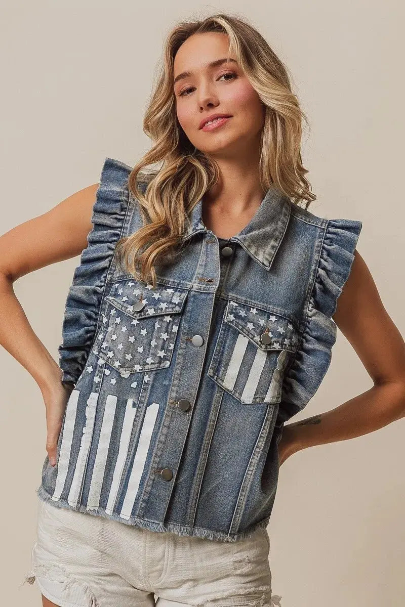 BiBi American Flag Washed Denim Jacket - Love Salve
